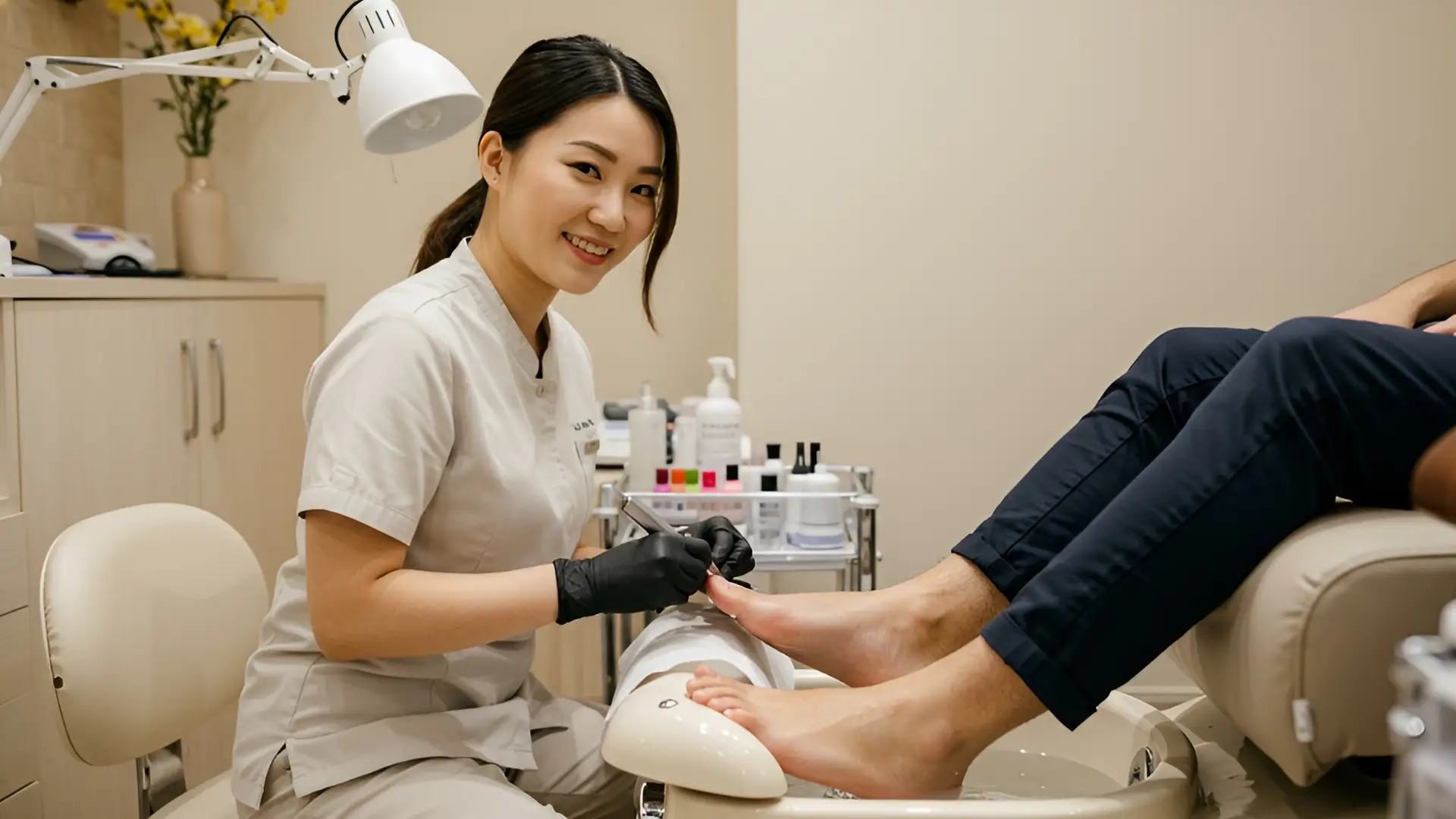 Nail Technician Giving a Pedicure to a Male Client