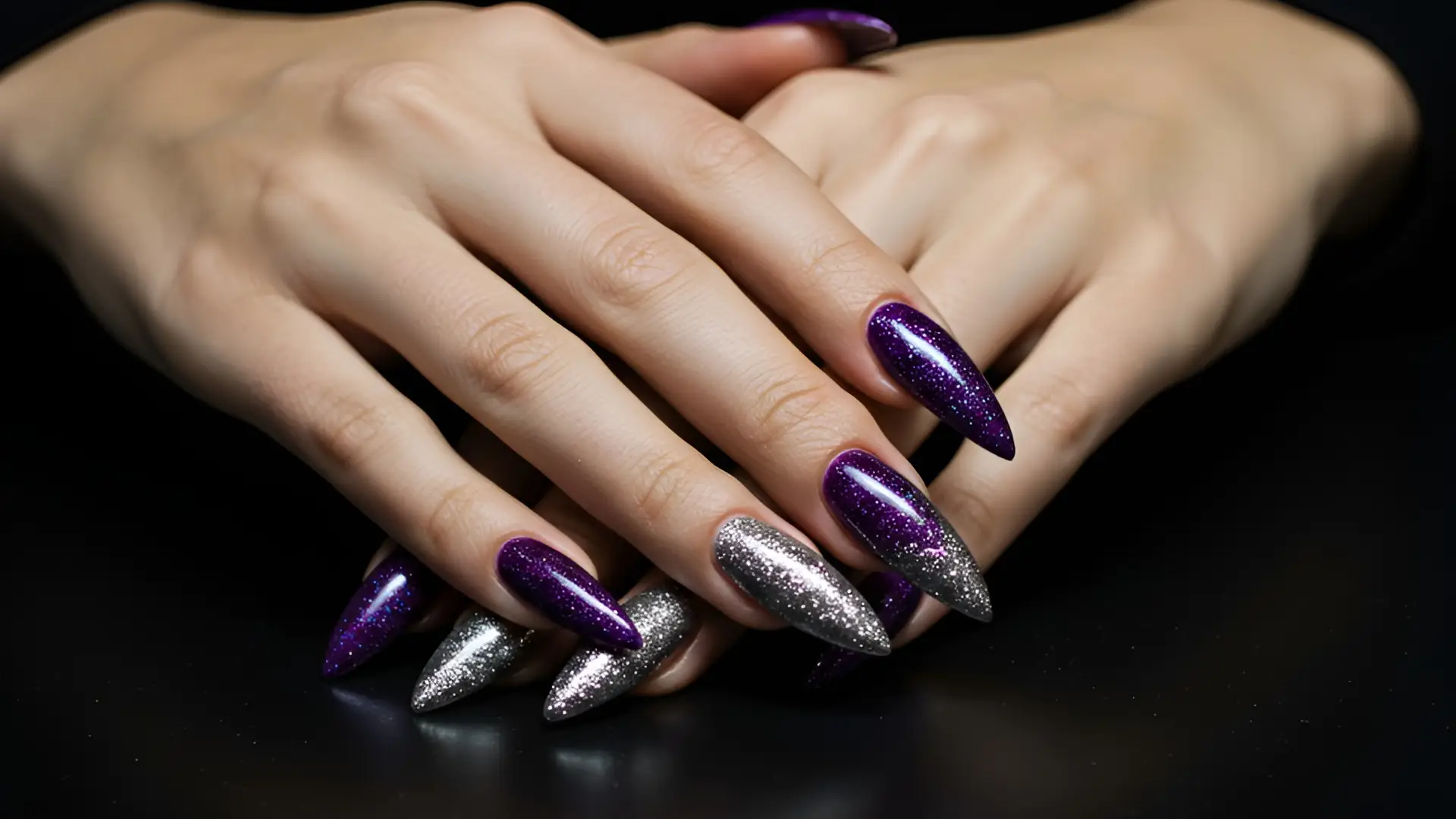 Stiletto Nails in Bold Purple and Silver Design