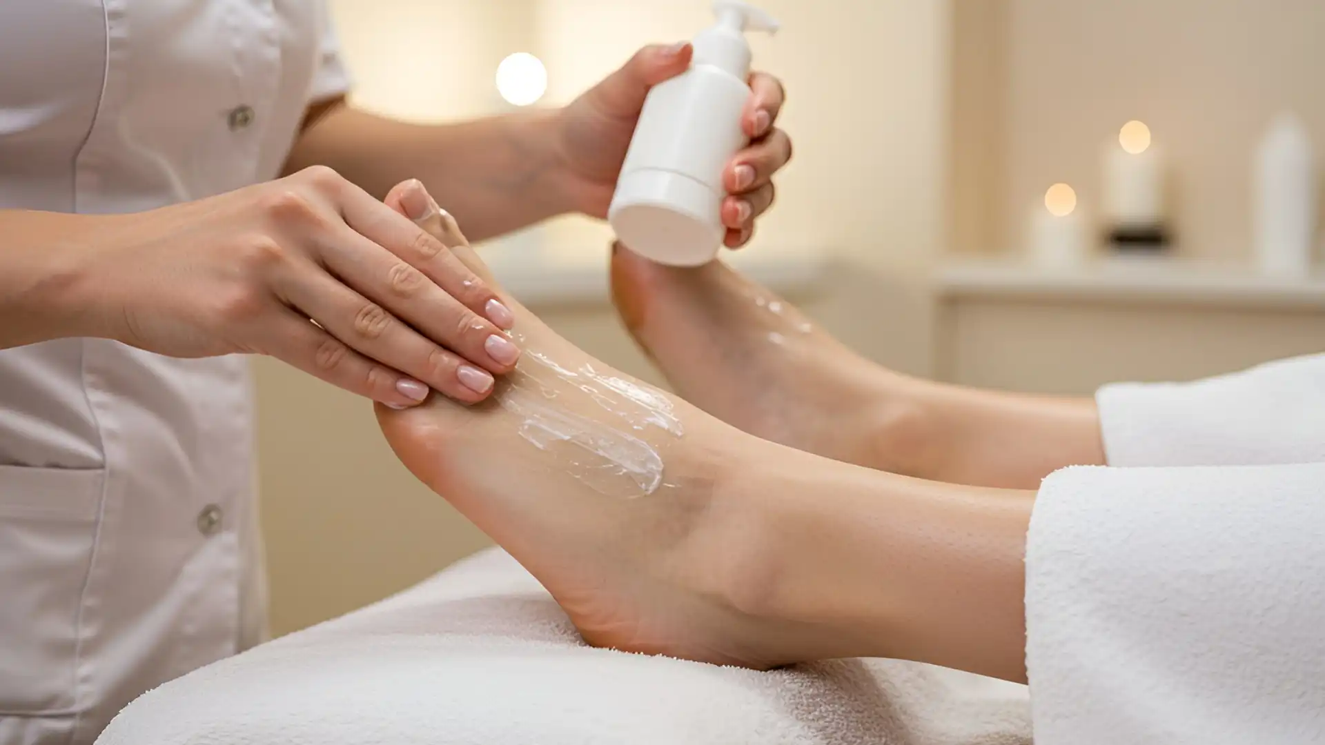 Applying Moisturizer To Feet After Hot Towels