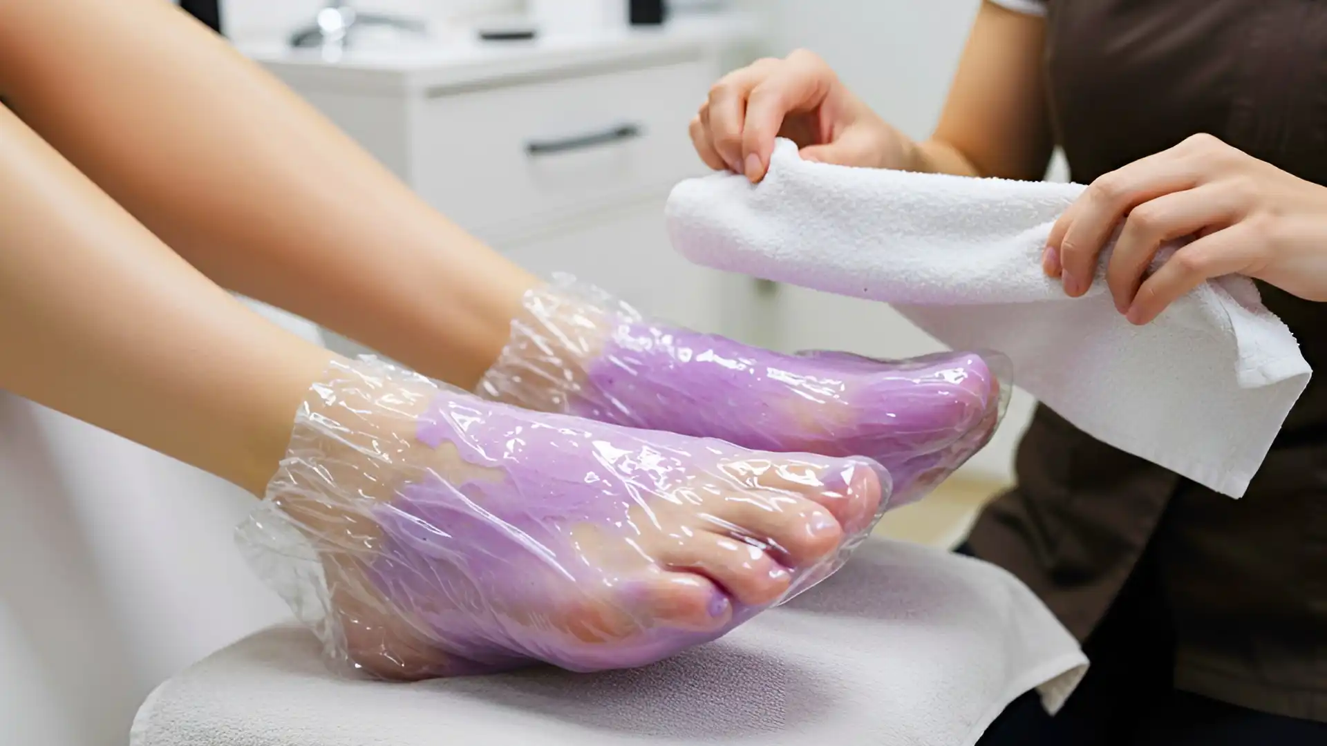 Pedicure Showing Feet In Paraffin Wax Socks